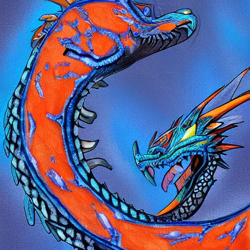 Image similar to blue dragon with a white belly and orange eyes award winning digital art