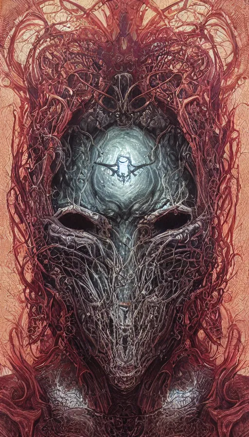 Image similar to Elden Ring and Doom themed painting of beautiful eldritch symmetrical face mask pattern concept, infinity glyph, intricate artwork by, Johnatan Wayshak, Zdizslaw Beksinski, Ayami Kojima, Amano, Karol Bak, Darius Zawadzki, and Mark Brooks, Neo-Gothic, gothic, rich deep colors, art by Takato Yamamoto, masterpiece, face by Artgerm, H.R. Giger, very coherent artwork, cinematic, hyper realism, high detail, octane render, unreal engine, 8k, High contrast, golden ratio, trending on cgsociety, ultra high quality model, production quality cinema model