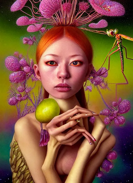 Prompt: hyper detailed 3d render like a Oil painting - kawaii portrait Aurora (gold haired Singer Praying Mantis Dragonfly faced) seen Eating of the Strangling network of yellowcake aerochrome and milky Fruit and Her compund eyes delicate Hands hold of gossamer polyp blossoms bring iridescent fungal flowers whose spores black the foolish stars by Jacek Yerka, Mariusz Lewandowski, Houdini algorithmic generative render, Abstract brush strokes, Masterpiece, Edward Hopper and James Gilleard, Zdzislaw Beksinski, Mark Ryden, Wolfgang Lettl, hints of Yayoi Kasuma, octane render, 8k