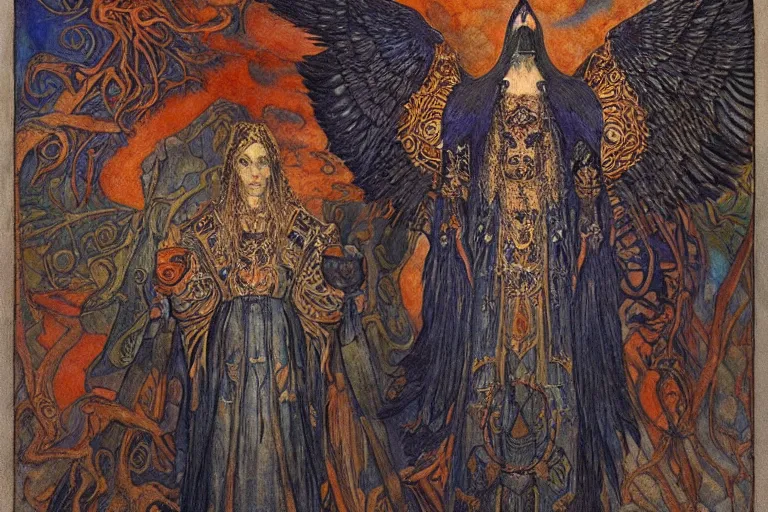 Image similar to coronation of the raven king, by Annie Swynnerton and jean delville and Nicholas Roerich, embroidered brocade, tattoos, elaborate costume, geometric ornament, symbolist, rich colors, dramatic lighting, smooth, sharp focus, extremely detailed