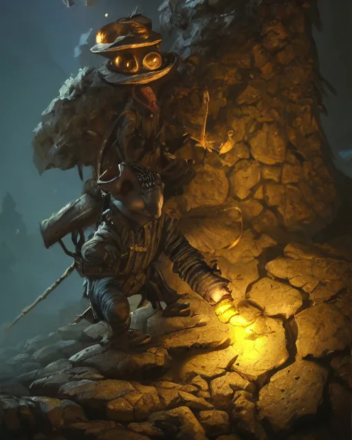 Prompt: oil painting of poor anthropomorphized mouse miner mining gold, pickaxe, close shot, full body, dark steampunk mine shaft background, sharp focus, fantasy style, octane render, volumetric lighting, 8k high definition, by greg rutkowski, highly detailed, trending on art Station, dungeons and dragons artwork, centered