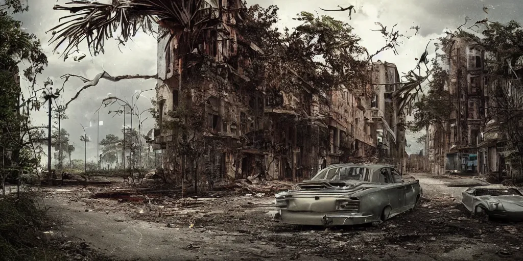 Image similar to abandoned city reclaimed by nature, cinematic shots, smooth lightning, happy, calm