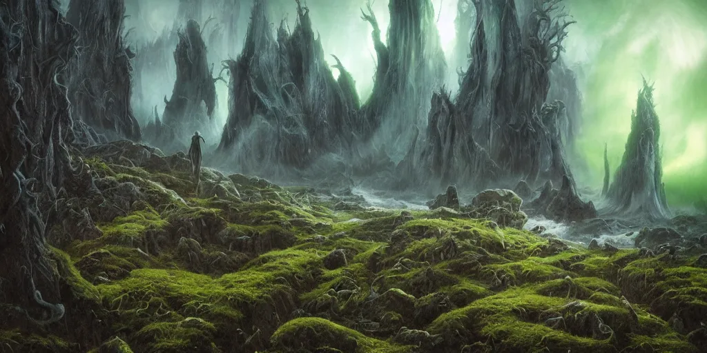 Prompt: evil eldritch lovecraftian scenery landscape, lord of the rings, aurora borealis, mist, monoliths, tentacles, fungal growths, moss highly detailed, bleak color, perfect lighting, perfect composition, 8 k, brian froud, artgerm, derek zabrocki, greg rutkowski