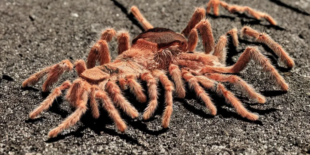 Image similar to A big tarantula on the flat belly of a teenage redhead sleeping during a heatwave