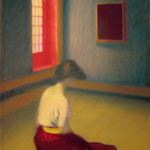 Image similar to an elegant girl in a liminal abandoned room, red and gold, old polaroid by goya, by hopper, digital painting, jugendstil, art noveau, strong lights, flat colors, pastel colors,