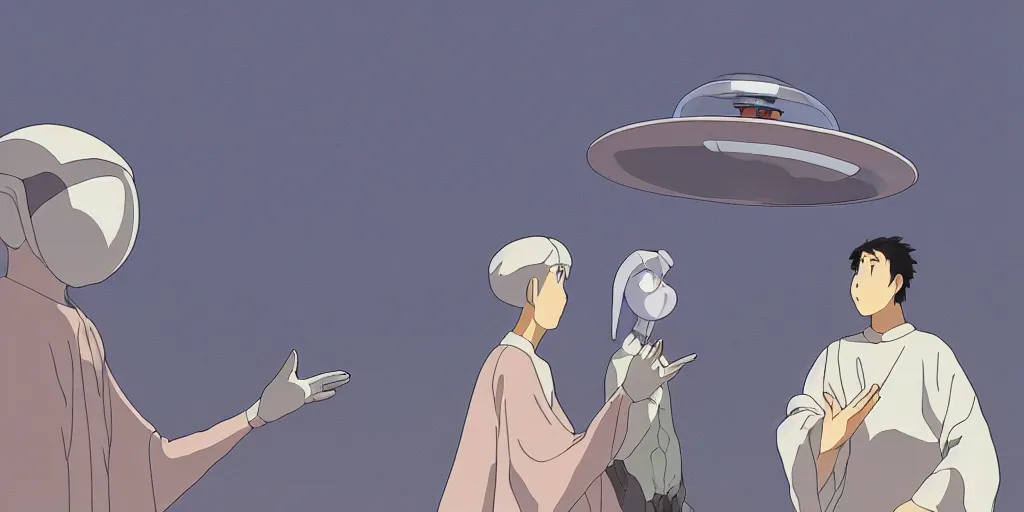 Image similar to an asymmetrical cell - shaded studio ghibli concept art study of a giant silver hovering ufo and an elegant alien greeting a middle eastern merchant. very dull colors,, hd, 4 k, hq