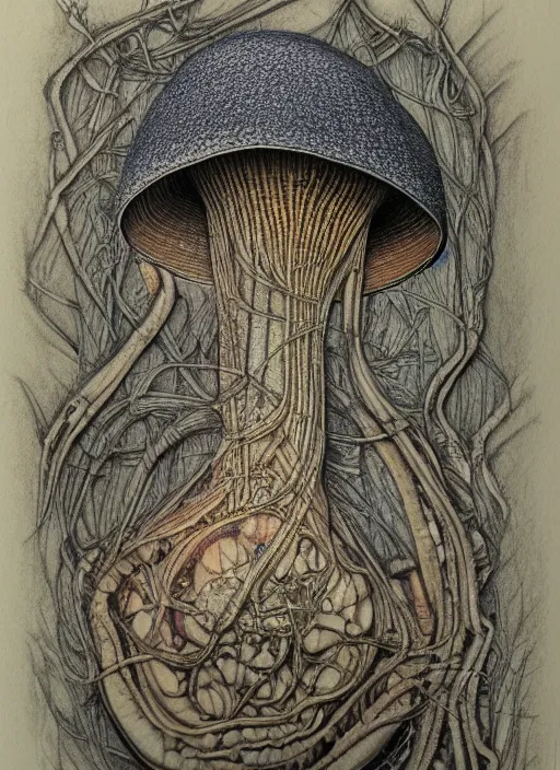 Image similar to a hybrid between a mushroom and a house,, insanely detailed, studio light, hr giger, colored pencil