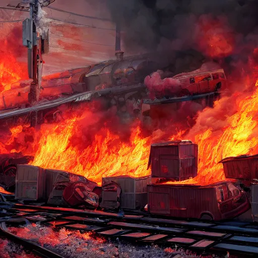 Image similar to a dumpster fire in the middle of a train wreck trending on artstation 4 k detailed sharp high detail