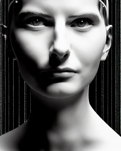 Image similar to black and white cyborg - plant goddess high quality photo, microchip, artificial intelligence, bio - mechanical bio - luminescence, black wired cables, neurons, nerve cells, cinematic, rim light, photo - realistic, high detail, 8 k, masterpiece, high fashion, in the style of steven meisel dora maar h. g. giger