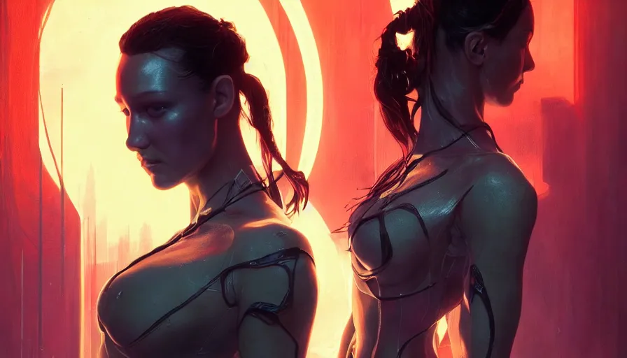 Prompt: altered carbon, bella hadid, sweaty, tech, warhammer, neon, lord of the rings, intricate, highly detailed, digital painting, artstation, concept art, smooth, sharp focus, illustration, unreal engine 5, 8 k, art by artgerm and greg rutkowski and alphonse mucha