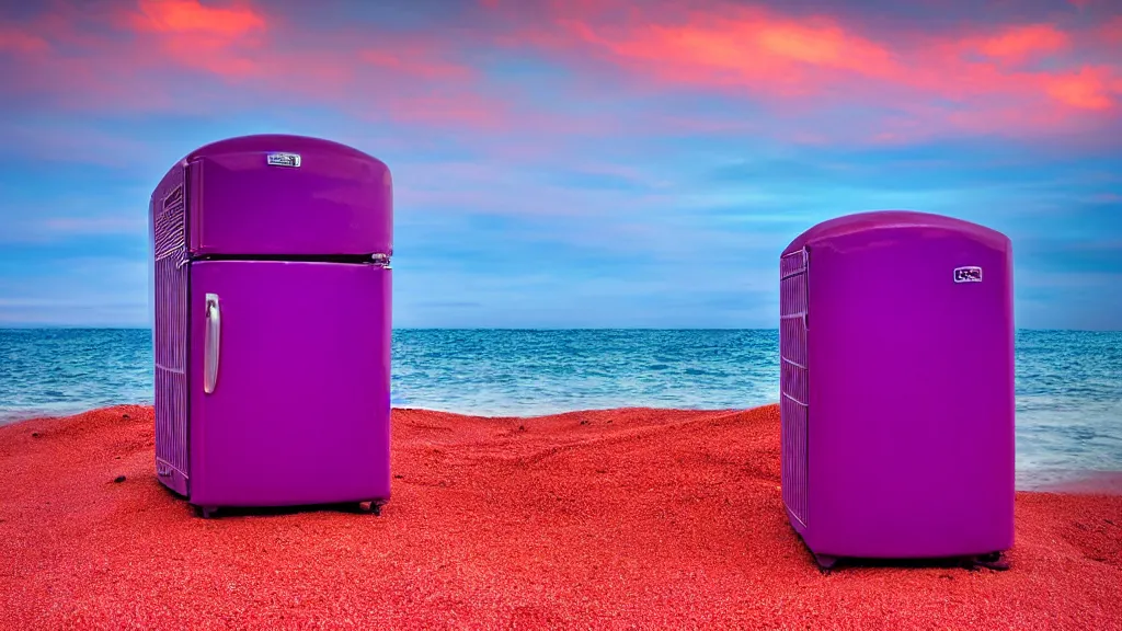 Image similar to purple refrigerator, red sand beach, green ocean, nebula sunset