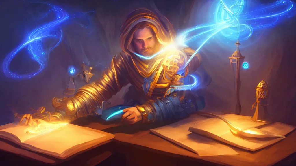 Image similar to A mage crafting a magical device on a desk. Magic, blue lighting, flux, gold astronomy. High fantasy, digital painting, HD, 4k, detailed.
