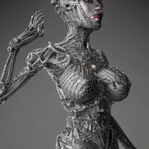 Image similar to full body detailed, ethereal, biomechanical, covered in diamonds and other gems glowing, highly detailed face, elegant posed, intricate, extremy detailed, beeple, cgsociety, 3 d unreal engine octane render. cinematic lighting, highly detailed 4 k art