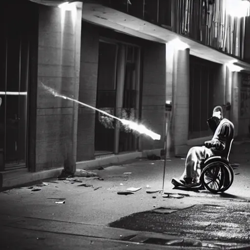 Prompt: A disabled person in a wheelchair throws a Molotov cocktail into the building at night. Urban landscape