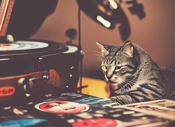 Image similar to photography of a Cat sitting on a record player. in a room full of vinyls and posters out of the 70's, photorealistic, raining award winning photo, 100mm, sharp, high res