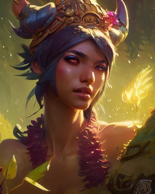 Image similar to neeko from league of legends, character portrait, concept art, intricate details, highly detailed by greg rutkowski, gaston bussiere, craig mullins, simon bisley