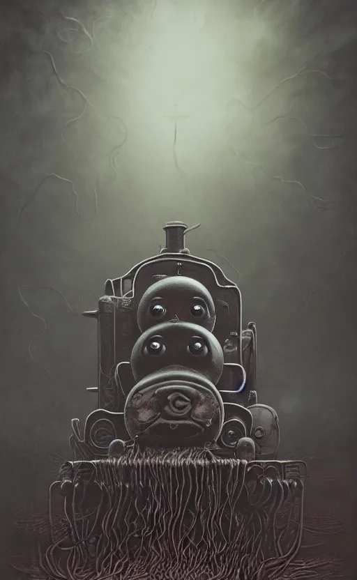 Image similar to thomas the tank engine in style of zdzisław beksinski, extremely dramatic lighting, 8 k, tendrils, black, darkness, black slime tendrils, infected, rust, body horror, thomas the train, thomas the tank engine face, horror,