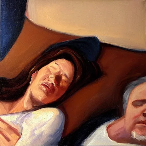 Image similar to lady with brown hair can't sleep because husband in is snoring in bed, expressive oil painting