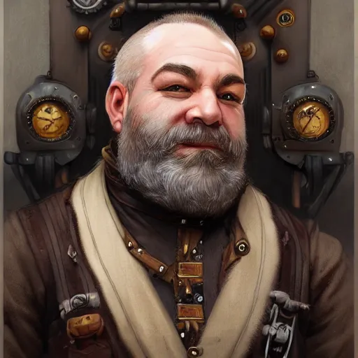 Image similar to Three quarters portrait of a male steampunk dwarf, highly detailed, digital painting, art by Stanley Lau and Artgerm and magali villeneuve and Alphonse Mucha, artstation, octane render, cgsociety