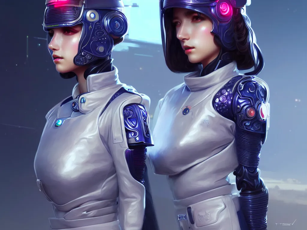 Image similar to portrait futuristic mercury police uniform female, at future neon light rooftop, ssci - fi and fantasy, intricate and very very beautiful and elegant, highly detailed, digital painting, artstation, concept art, smooth and sharp focus, illustration, art by tan zi and ayanamikodon and alphonse mucha and wlop