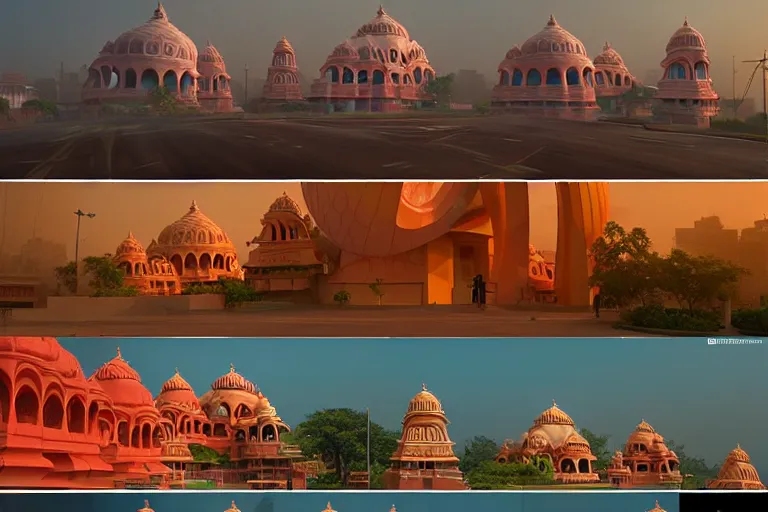 Image similar to gorgeous dreamscape! biomorphic new delhi, hanuman!! head building, kalighat, octane highly detailed cinematic, stephen shore & john j. park, soft morning light, wide shot, high angle, uhd 8 k, deep focus