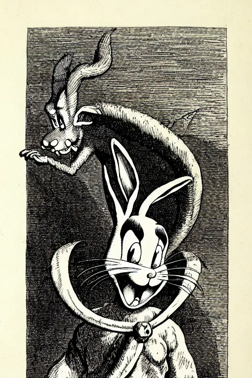 Image similar to bugs bunny, as a demon from the dictionarre infernal, pen - and - ink illustration, etching by louis le breton, 1 8 6 9, 1 2 0 0 dpi scan, ultrasharp detail, hq scan, intricate details, stylized border