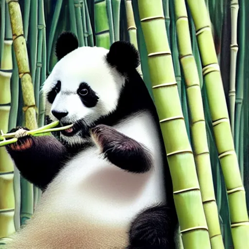 Image similar to A cute small panda eating bamboo while smiling