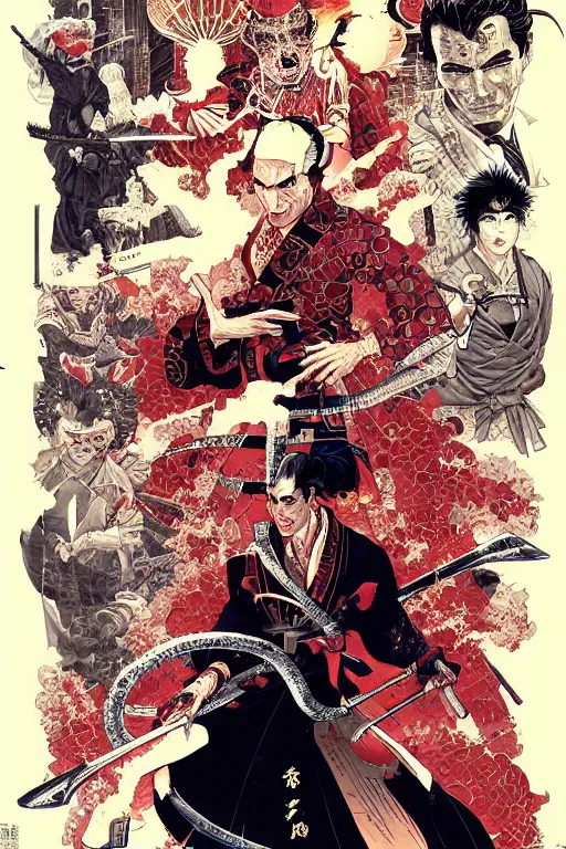 Prompt: poster of patrick bateman as a samurai, by yoichi hatakenaka, masamune shirow, josan gonzales and dan mumford, ayami kojima, takato yamamoto, barclay shaw, karol bak, yukito kishiro