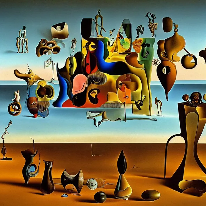 Image similar to a group of characters and random objects in a surreal environment by salvador dali