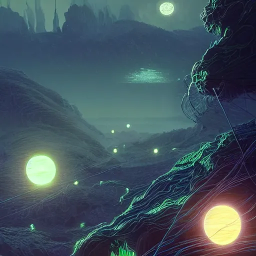 Image similar to alien world made from wires, detailed landscape, intricate complexity, 3 bright moons, green glow, by greg rutkowski, artgerm, ross tran, conrad roset, takato yomamoto, ilya kuvshinov. 4 k, beautiful, cinematic dramatic atmosphere