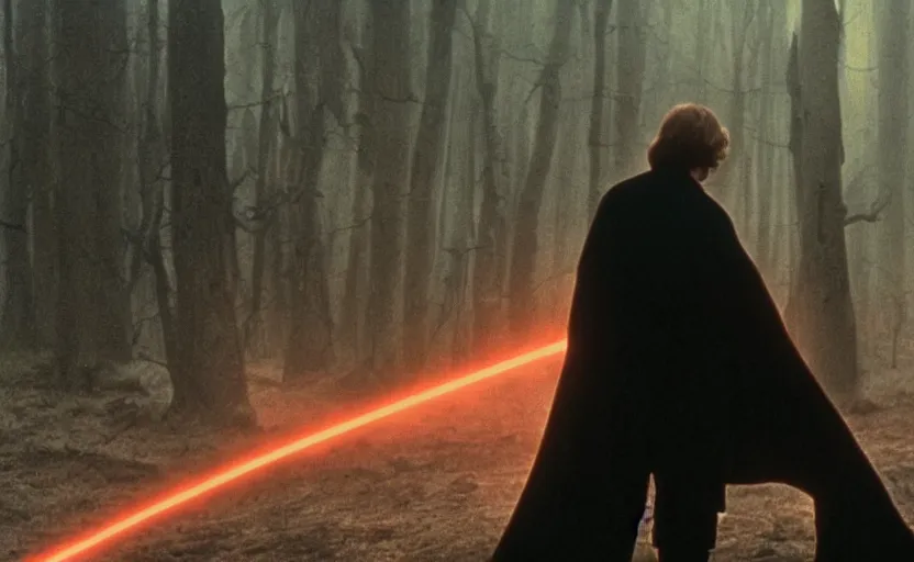 Image similar to screenshot of Luke Skywalker battling the ghost of Emporer Palpatine, with scattered ruins of a fiery pink forest, iconic scene from 1970s film by Stanley Kubrick, rise of skywalker, 4k HD, cinematic lighting, beautiful portrait of Mark Hammill, moody scene, stunning cinematography, anamorphic lenses, kodak color film stock, fire reak real life, ultra realistic, movie still