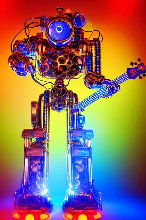 Prompt: portrait photo of a giant huge golden and blue metal humanoid steampunk robot guitar player with multicolored big gears and tubes, a red electric guitar, eyes are glowing red lightbulbs, shiny crisp finish, 3 d render, 8 k, insaneley detailed, fluorescent colors, background is multicolored lasershow