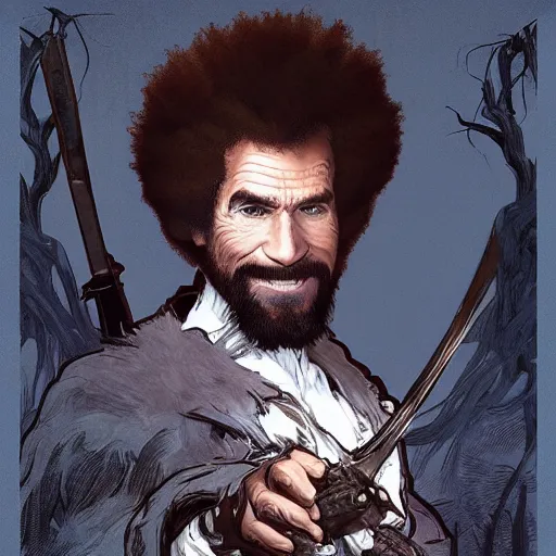 Image similar to an ultra detailed vector image of bob ross dressed as the hunter from bloodborne, concept art by alphonse mucha and greg rutkowski, praise the blood moon, octane render, cosmic horror, scary little trees