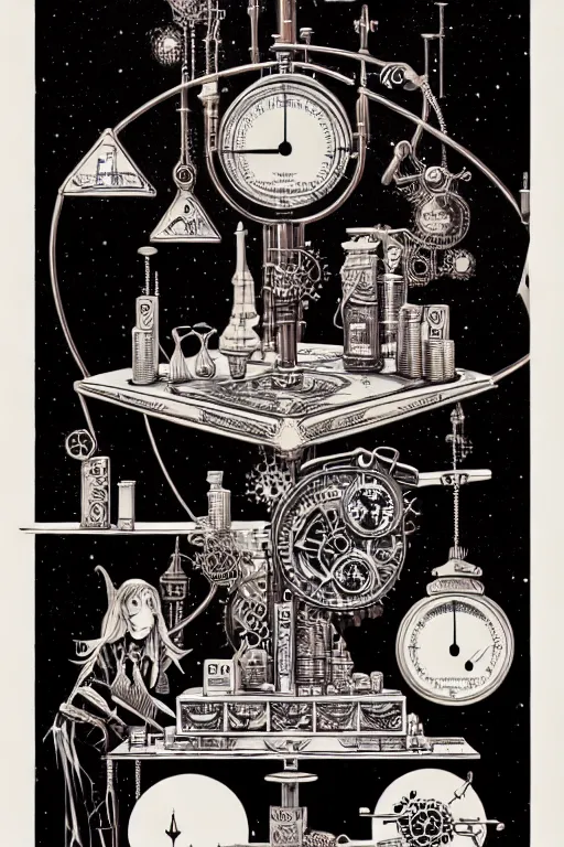 Image similar to a majestic steampunk alchemists weighing scale, furniture, high details, bold line art, by vincent di fate and joe fenton, inking, etching, screen print, masterpiece, trending on artstation, sharp, high contrast, hyper - detailed,, hd, 4 k, 8 k