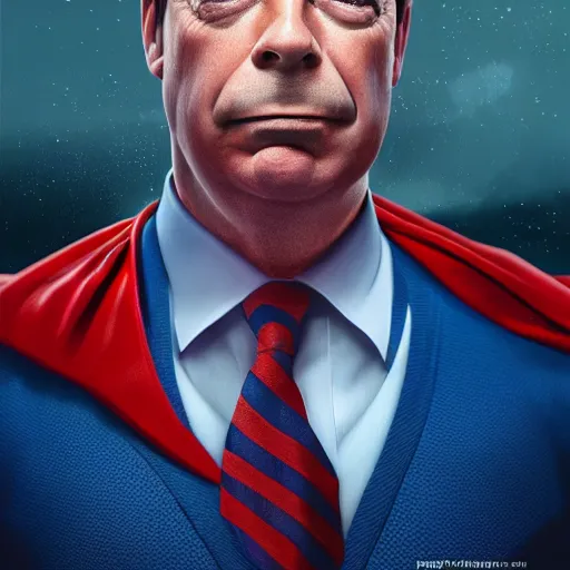 Image similar to Portrait of Nigel Farage as superman, heroic, amazing splashscreen artwork, splash art, head slightly tilted, natural light, elegant, intricate, fantasy, atmospheric lighting, cinematic, matte painting, detailed face, by Greg rutkowski