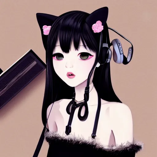 Image similar to realistic beautiful gorgeous natural cute Blackpink Lalisa Manoban black hair cute fur black cat ears, wearing white camisole summer outfit, headphones, black leather choker artwork drawn full HD 4K highest quality in artstyle by professional artists WLOP, Aztodio, Taejune Kim, Guweiz on Pixiv Artstation