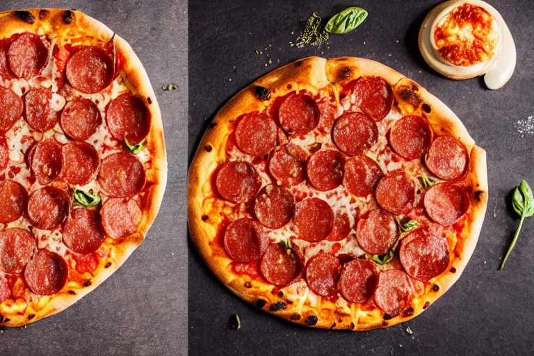 Image similar to a pizza with amongus-shaked pepperoni on top. Food photography, studio photography, highly detailed