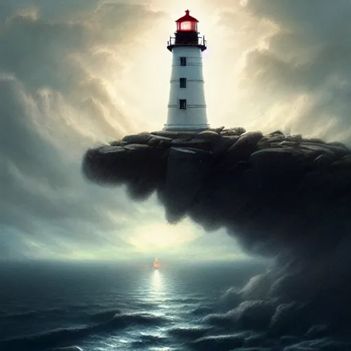 Prompt: a lighthouse standing on a cloud,digital art,realiatic,hyperdetailed,art by greg rutkowski,trevor henderson,photorealistic,mega realistic,surreal,fantasy