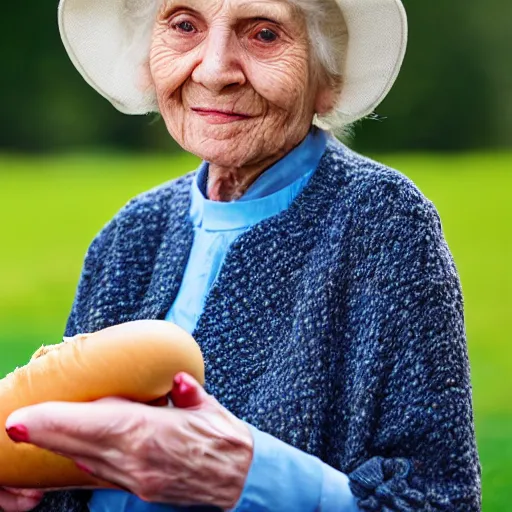 Prompt: promotional photo from the antiques roadshow, old woman and her priceless hot dog, uhd, 8k,