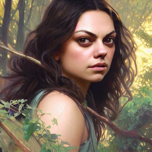 Image similar to a beautiful closeup portrait of mila kunis, magical forest background, serene colors, dramatic light, gorgeous view, depth, high detail, digital art, painted by alphonse mucha and greg rutkowski, trending on artstation