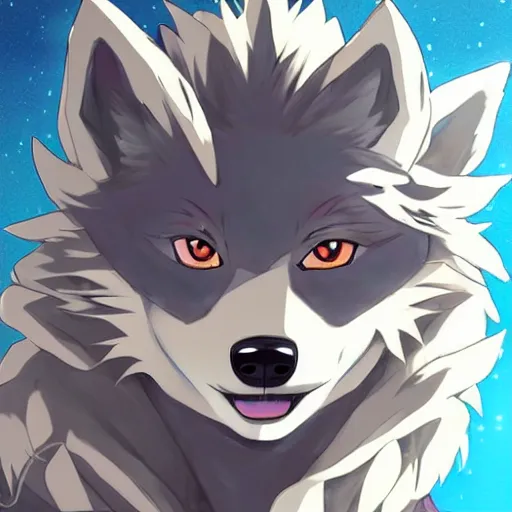 Image similar to key anime visual portrait of an anthropomorphic anthro wolf fursona, in a jacket, with handsome eyes, official modern anime art