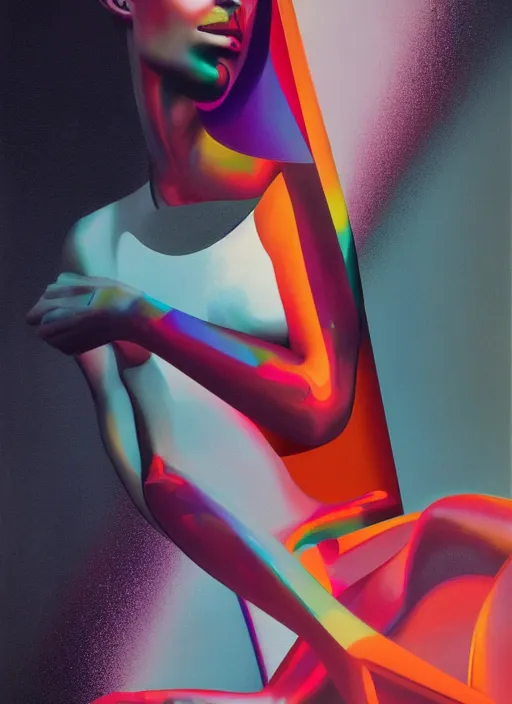 Image similar to futuristic lasers tracing, colorsmoke, fullbodysuit, pyramid hoodvisor, raindrops, wet, oiled, beautiful cyborg girl, by steven meisel, kaws, rolf armstrong, mondrian, kandinsky, perfect geometry abstract acrylic, octane hyperrealism photorealistic airbrush collage painting, monochrome, fluorescent colors, minimalist rule of thirds, eighties eros