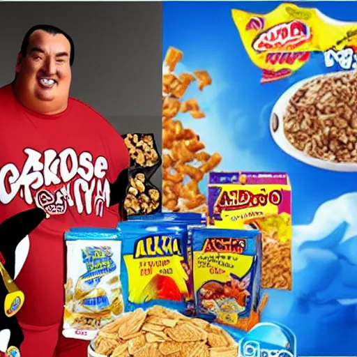 Prompt: obese steven seagal as sponsor of a sugary cereal called aikidos with cartoon rat mascot