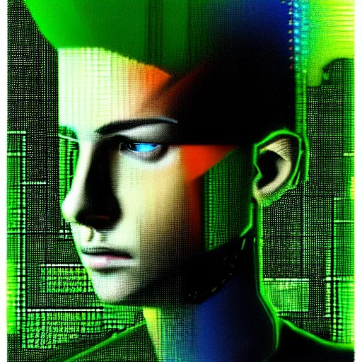 Prompt: hyperrealistic portrait of a cyberpunk teenager, male, short hair, confident, cybernetics, immersed within a glitch network, by Guy Denning, Metzinger, Russ Mills, glitch art, hyper focus, fine detail, hacking effects, digital tech effects, chromatic, color blocking!, green, acrylic on canvas, concept art, abstract, trending on cgsociety, trending on artstation