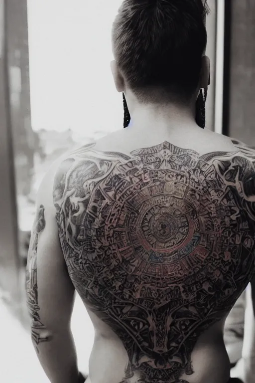 Image similar to agfa vista 4 0 0 photograph of a guy with elaborate intricate back tattoos, back view, synth vibe, vaporwave colors, lens flare, moody lighting, moody vibe, telephoto, 9 0 s vibe, blurry background, grain, tranquil, calm, faded!,