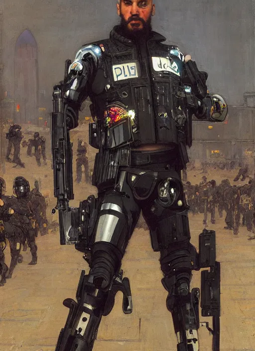 Prompt: Sgt Eliezer Grim. Menacing Cyberpunk policeman carrying machine pistols, wearing a combat vest and towering with robotic stilt legs. (dystopian, police state, Cyberpunk 2077, bladerunner 2049). Iranian orientalist portrait by john william waterhouse and Edwin Longsden Long and Theodore Ralli and Nasreddine Dinet, oil on canvas. Cinematic, vivid colors, hyper realism, realistic proportions, dramatic lighting, high detail 4k
