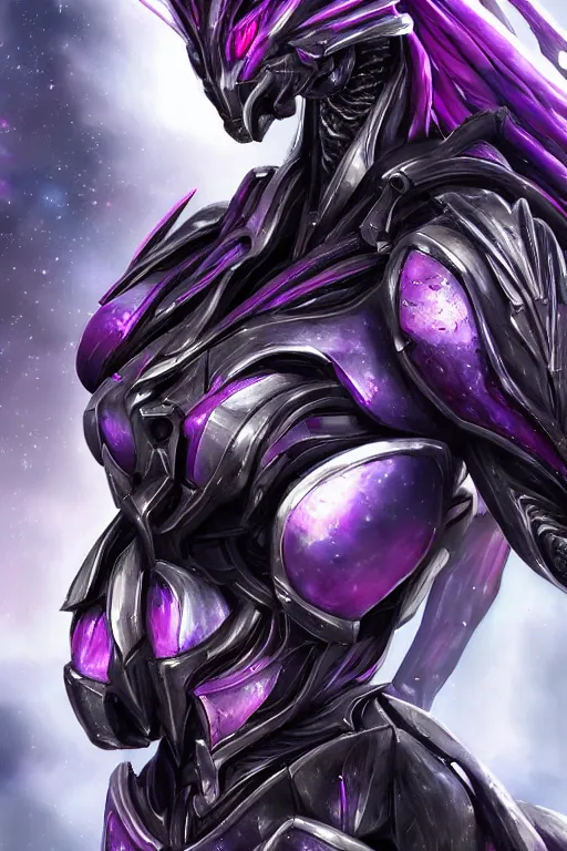 Image similar to bust shot, hyperdetailed realistic elegant beautiful stunning giant robot mecha hot female goddess dragon, sharp spines, sharp metal ears, smooth purple eyes, smooth fuschia skin, smooth silver armor, nebula size, space, epic proportions, epic scale, warframe fanart, macro giantess, furry art, dragon art, goddess art, giantess art, furaffinity, octane