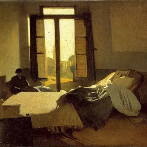 Image similar to the sunlight rays of golden hour shine upon a peaceful bedroom. still life., by camille corot