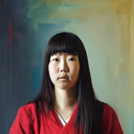 Prompt: portrait of a korean schoolgirl with long hair and bangs, an angry expression, her hands are red roots, oil on canvas, elegant pose, masterpiece, Jonathan Yeo painting