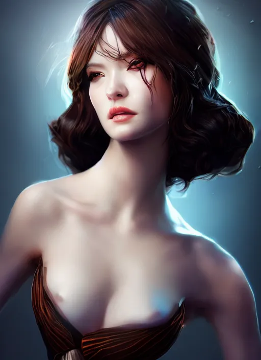 Prompt: beautiful fashion goddness, strapless dress, character portrait in the style of thomas river and artgerm, wlop, cinematic lighting, hyperdetailed, 8 k realistic, symmetrical, global illumination, radiant light, halo, love and mercy, frostbite 3 engine, cryengine, dof, trending on artstation, digital art, chanel